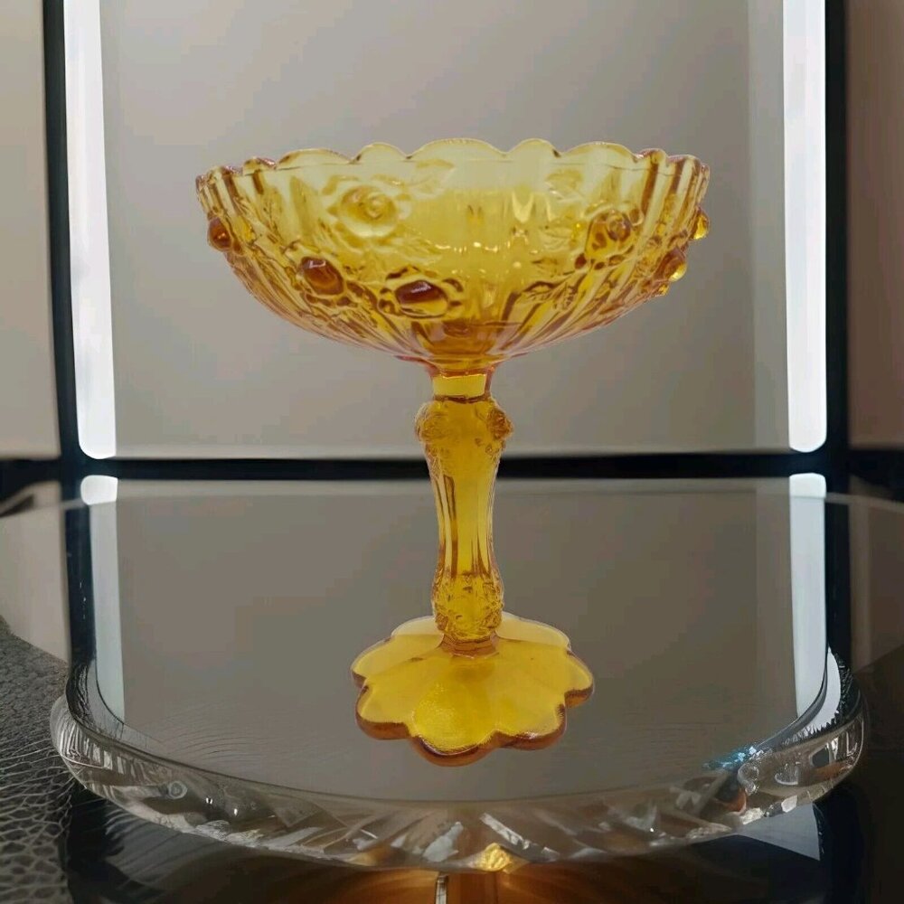 Vtg Unmarked Fenton Raised Cabbage Rose Amber Glass Pedestal Compote Candy Dish